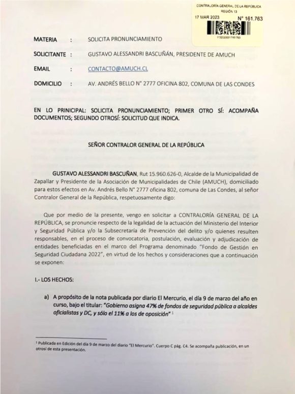AMUCH y parlamentarios solicitan a la Contraloría se pronuncie sobre designación de fondos de seguridad municipal por “eventual arbitrariedad” por parte del Gobierno.